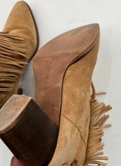 MNG Mango Womens Size 38 Boho Style Fringe Suede Slip-On Ankle Booties Tan Brown - Picture 9 of 11